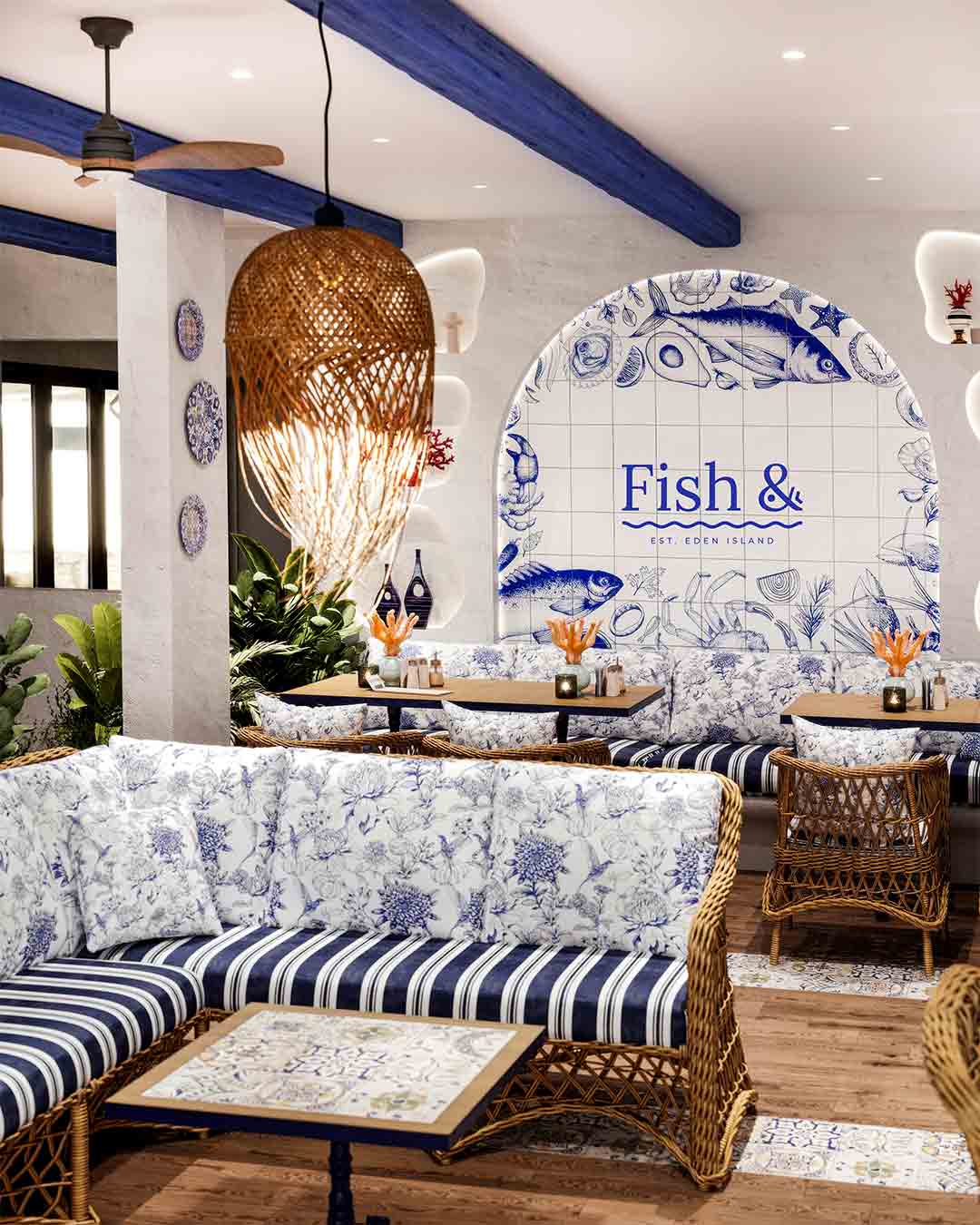 Interior of Fish& restaurant at Eden Island Marina, Seychelles