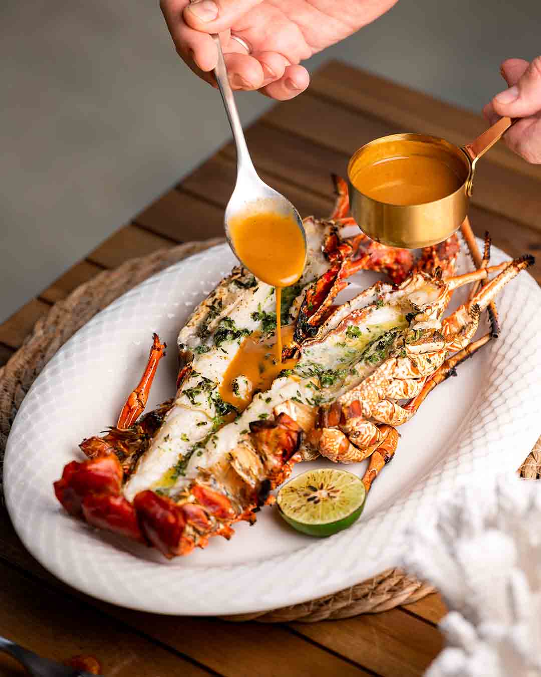 Grilled lobster with sauce at Fish& seafood restaurant on Eden Island