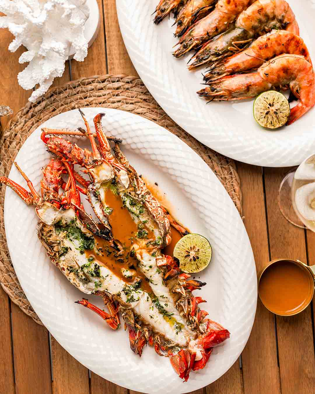 Grilled lobster and prawns served at Fish& restaurant on Eden Island, Seychelles